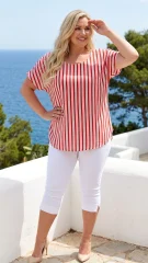Ριγέ Μπλούζες Plus Size – Κόκκινη Λευκή Μπλούζα με Άνετη Γραμμή