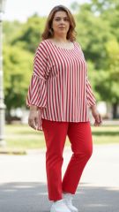 Μπλούζα Plus Size με Κάθετες Ρίγες – Κόκκινο Λευκό