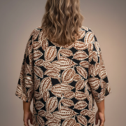 Μπλούζα Plus Size με Leaf Print & Μικρό Γιακά – Καφέ & Μπεζ