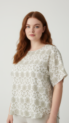 Μπλούζα Plus Size με Γεωμετρικό Φλοράλ Print – Λευκό & Λαδί