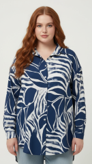 Πουκάμισο Plus Size με Abstract Navy‑White Print – Κομψό & Μοντέρνο