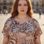 Σατέν Μπλουζάκι με Μπεζ‑Καφέ Print – Plus Size Chic & Καλοκαιρινή Αίσθηση