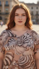Σατέν Μπλουζάκι με Μπεζ‑Καφέ Print – Plus Size Chic & Καλοκαιρινή Αίσθηση