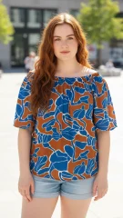 Μπλουζάκι 100% Viscose Off‑Shoulder με Blue‑Brown Print – Plus Size Καλοκαιρινή Κομψότητα