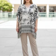 Plus Size Μπλούζα Καφτάνι – Μαύρο Λευκό Kaftan με Άνετη Γραμμή & Boho Print