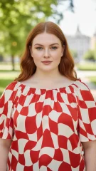Σατέν Off‑Shoulder Μπλουζάκι με Κόκκινο‑Λευκό Print – Plus Size Καλοκαιρινή Κομψότητα