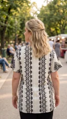Λευκό Μπλουζάκι με Μαύρο Boho Print – Plus Size Ethnic Chic