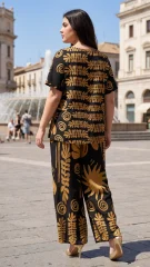 Plus Size Μπλούζα Παντελόνι – Μαύρη Μπλούζα με Χρυσό Boho Print