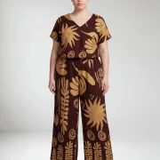 Plus Size Μπλούζα Παντελόνι – Καφέ Μπλούζα με Χρυσό Botanical Print