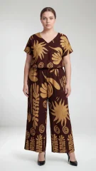 Plus Size Μπλούζα Παντελόνι – Καφέ Μπλούζα με Χρυσό Botanical Print