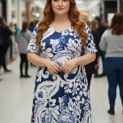 Μπλε‑Λευκό Φόρεμα με Floral Print – Plus Size Καλοκαιρινή Κομψότητα