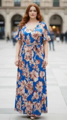Φόρεμα Maxi Plus Size Μπλε με Floral Tropical Print – Vertice