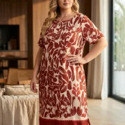 Φόρεμα Plus Size Κόκκινο–Εκρού με Floral Μοτίβο – Κομψό & All‑Day Chic