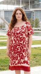Φόρεμα Plus Size Κόκκινο–Εκρού με Floral Μοτίβο – Κομψό & All‑Day Chic