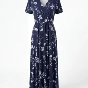 Φορέματα Ελαστικά Plus Size – Μπλε Floral Καλοκαιρινό Φόρεμα με Άνετη Γραμμή