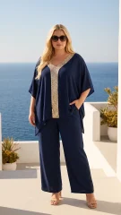 Elegant Μπλούζες Γυναικείες Μεγάλα Μεγέθη – Μπλε Μπλούζα με Χρυσή V Λεπτομέρεια